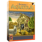 De oranje, rechthoekige doos van het bordspel Agricola, geïllustreerd met vee en een boerderij.