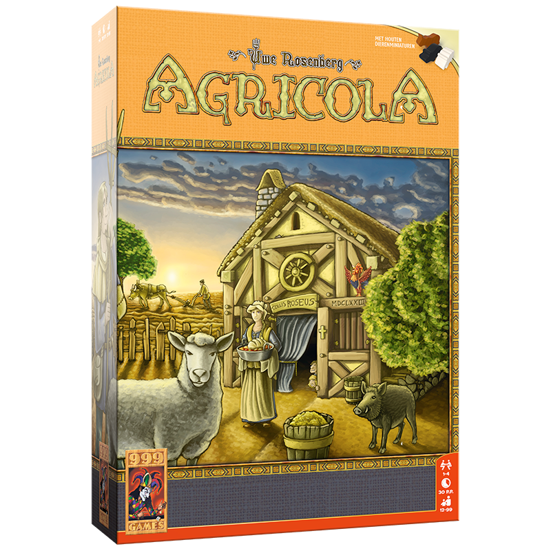 De oranje, rechthoekige doos van het bordspel Agricola, geïllustreerd met vee en een boerderij.