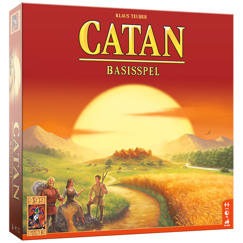 De rode, vierkante speldoos van Catan Basisspel, uitgegeven door 999 Games.