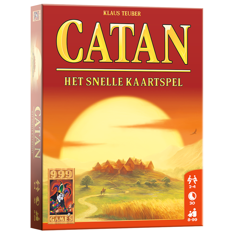 De rechthoekige speldoos van Catan: het sneller kaartspel, uitgegeven door 999 Games.