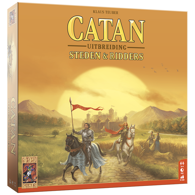 De oranje, vierkante speldoos van Catan: Steden & Ridders (uitbreiding), uitgegeven door 999 Games.