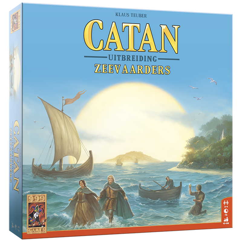 De lichtblauwe, vierkante speldoos van Catan: Zeevaarders (uitbreiding), uitgegeven door 999 Games.