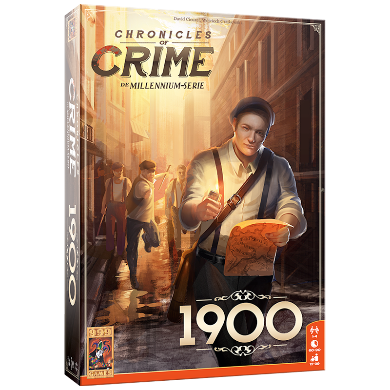 De rechthoekige doos van het coöperatieve bordspel Chronicles of Crime: 1900, geïllustreerd met een journalist in Parijs die een misdaad probeert op te lossen.