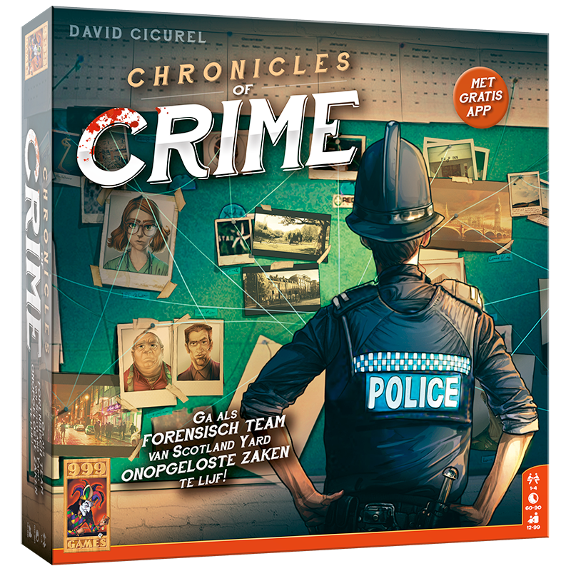 De vierkante doos van het coöperatieve bordspel Chronicles of Crime, geïllustreerd met politieagent die een misdaad probeert op te lossen.