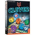 De zwarte, rechthoekige doos van het dobbelspel Clever, geïllustreerd met foto's van de spelonderdelen zoals de kleurrijke dobbelstenen en scoreblok.