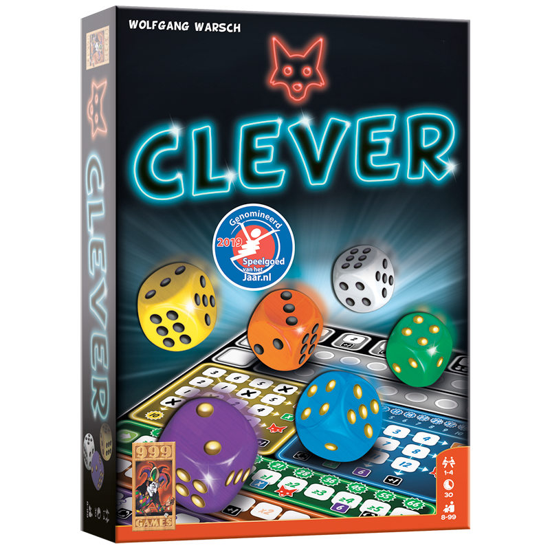 De zwarte, rechthoekige doos van het dobbelspel Clever, geïllustreerd met foto's van de spelonderdelen zoals de kleurrijke dobbelstenen en scoreblok.