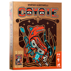 De gouden, rechthoekige doos van het kaartspel Coyote, geïllustreerd met een rode prairiewolf met pijl en boog. 
