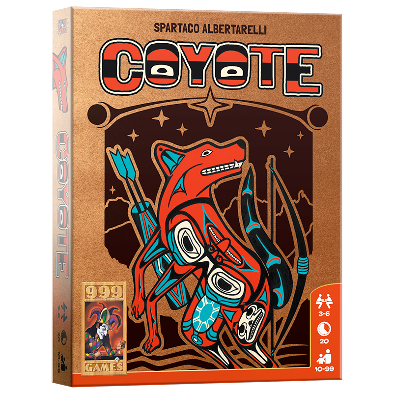 De gouden, rechthoekige doos van het kaartspel Coyote, geïllustreerd met een rode prairiewolf met pijl en boog. 