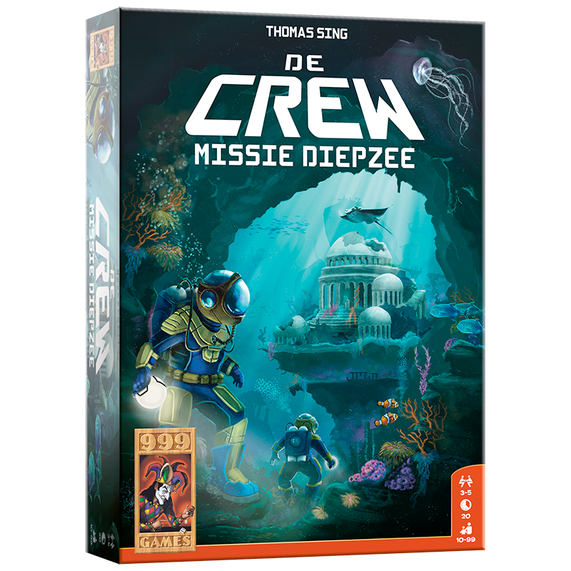 De blauwe, rechthoekige doos van het kaartspel De Crew: Missie Diepzee, geïllustreerd met duikers in een onderwaterwereld.